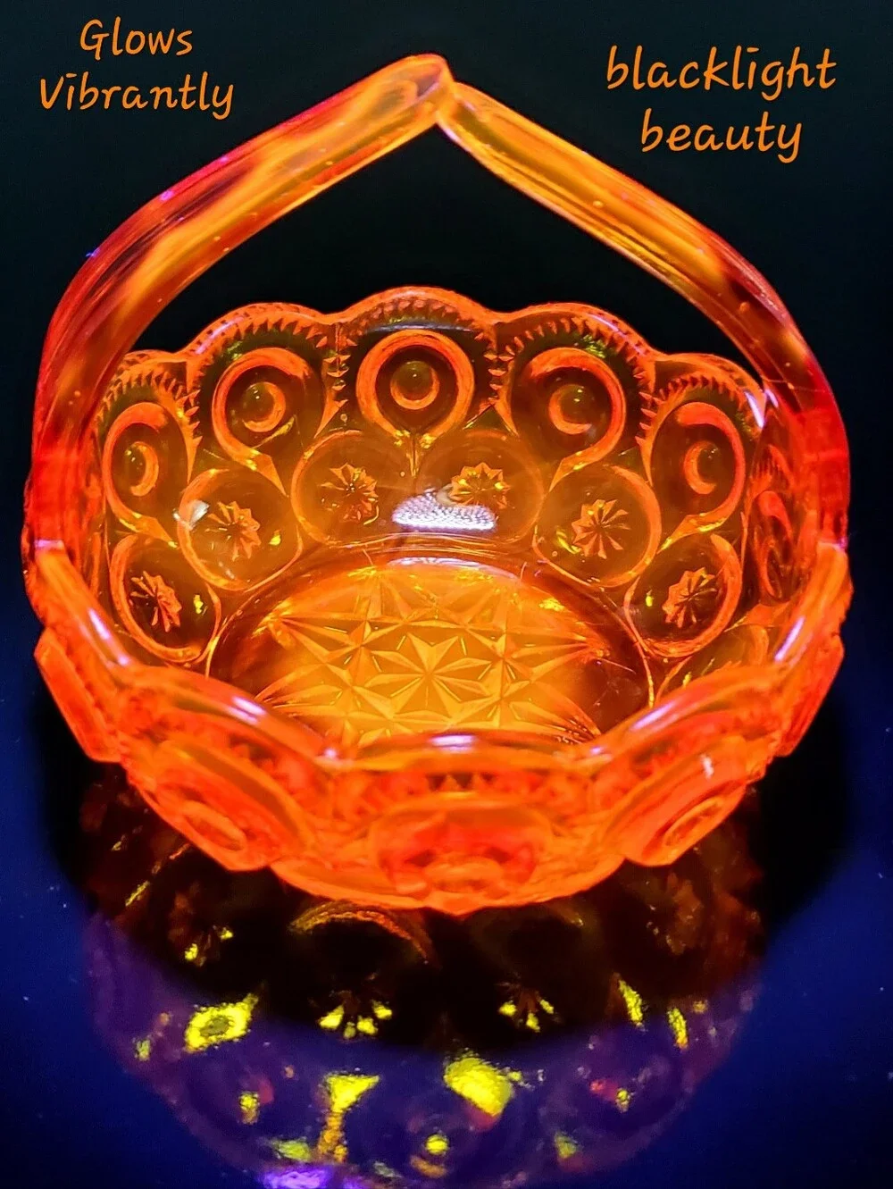 GLOWING Fire Amberina Moon & Star Split Handle Art Glass Basket - Picture 3 of 16